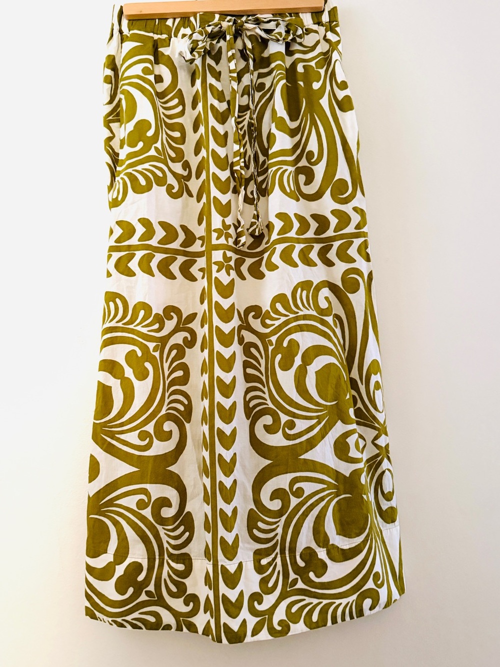 Boho Maxi Skirt with Pockets . Olive Green Scroll Print